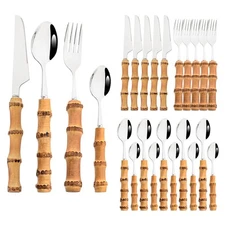 24-Piece Silver Flatware Set with Bamboo Handles Chinoiserie Tableware Servic...