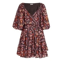 NEW RHODE DARYA WRAP AROUND MINI DRESS IN PLUMERIA CHOCOLATE PRINT SIZE M