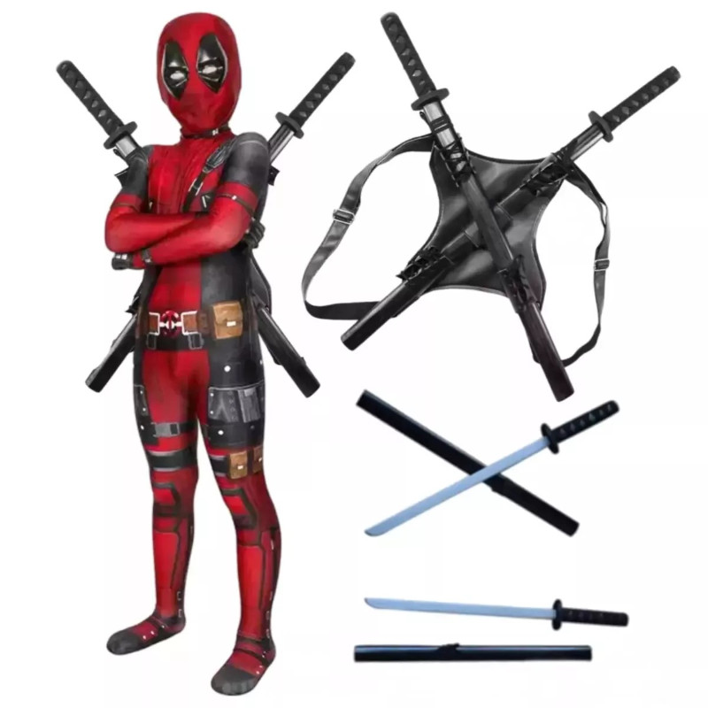 Deadpool Kids Cosplay Costume  Jumpsuit wooden swords