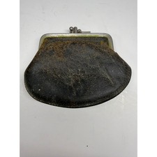 Vintage Distressed Black Leather Coin Purse Kiss Lock Small Pouch Accessory