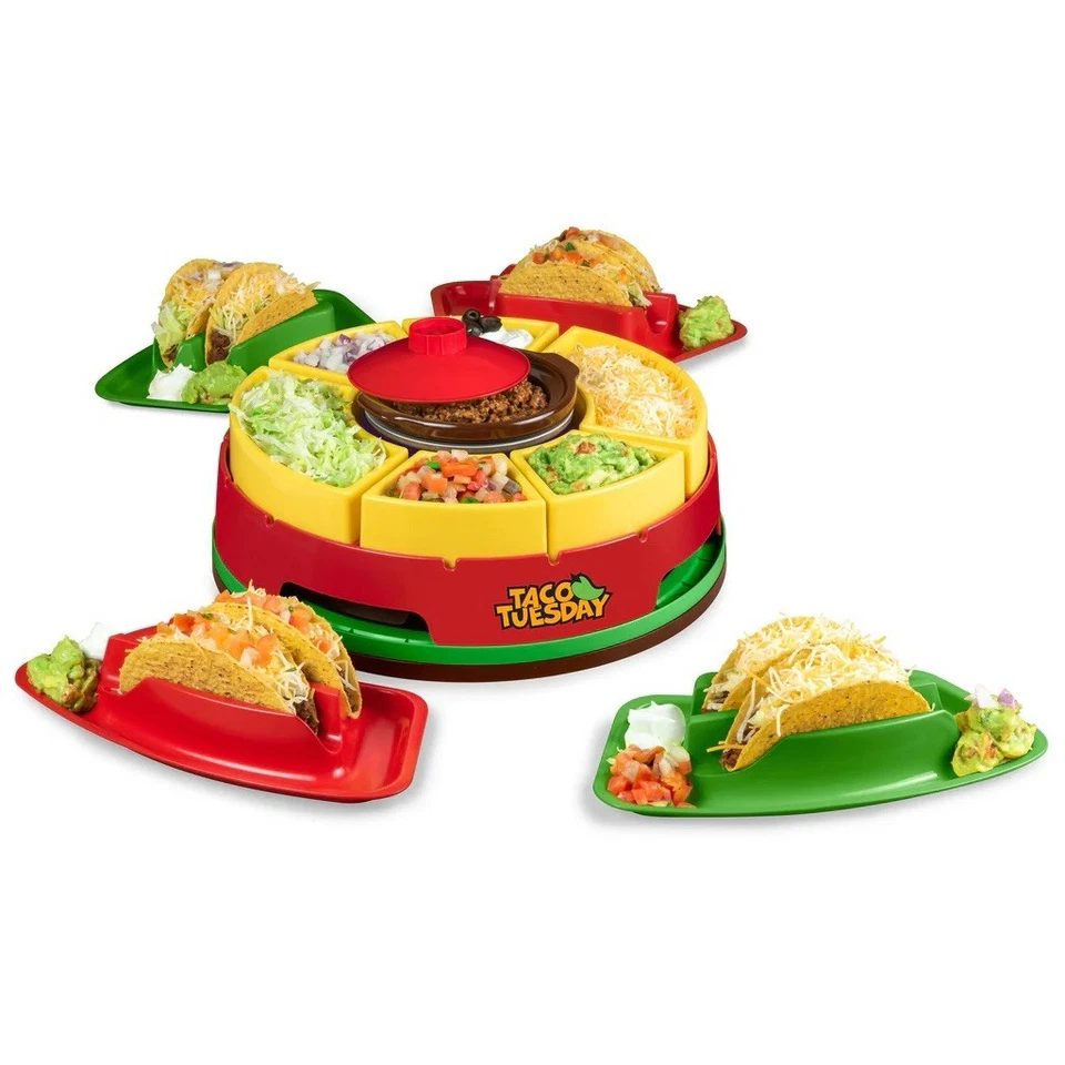 Taco Tuesday Lazy Susan Taco Bar 20oz Heating Pot Taco Holders Topping Trays NEW - Image 3 of 3