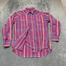 Wrangler Western Shirt Mens 16-34 Pink Blue Plaid Cowboy Cut Regular Pearl Snap