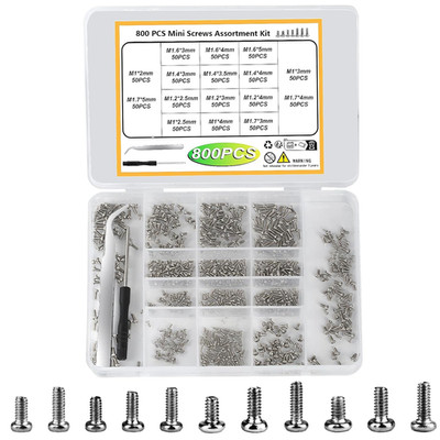 Mini Micro Small Phillips Pan Head Machine Screws Assortment Kit Nickel 800 Pcs