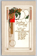 A Happy Christmas, Holly, Bells, Antique 1916 Winsch Back Greetings Postcard