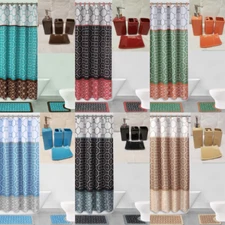 DIAMOND 19PC COMPLETE BATHROOM BATH MATS SHOWER CURTAIN WITH CERAMIC ACCESSORIES