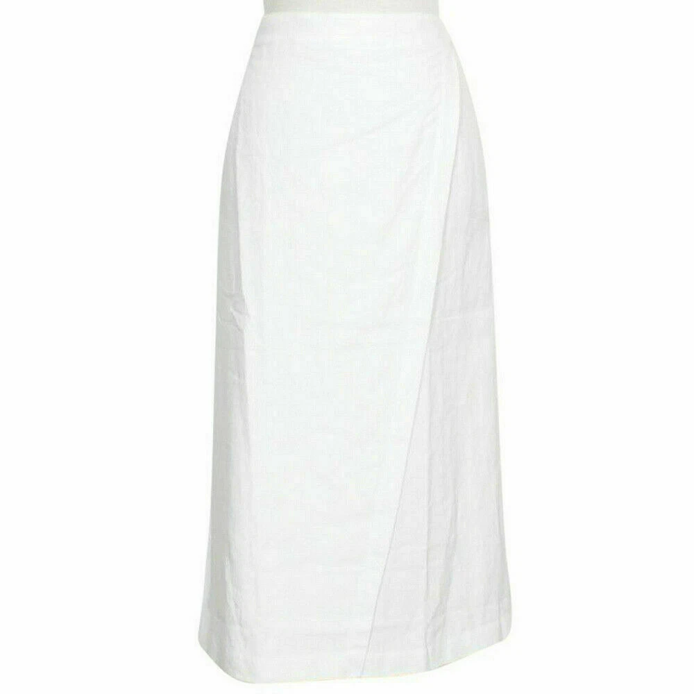 EILEEN FISHER White Organic Linen Faux Wrap Calf Length Skirt XS
