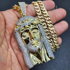 HIP HOP ICED GOLD PLATED BRASS JESUS PENDANT & 14K STAMPED CUBAN CHAIN NECKLACE