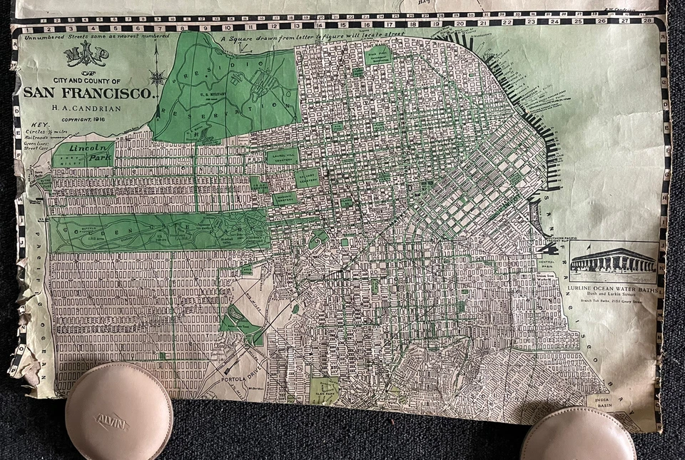 Vintage 24 x 36 1916 Linen Backed Map Oakland San Francisco CA H.A. Candrian - Image 3 of 4