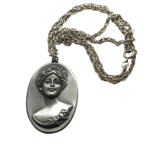 Vintage Pewter Cameo pendant Necklace Gibson Girl Cottagecore Grannycore