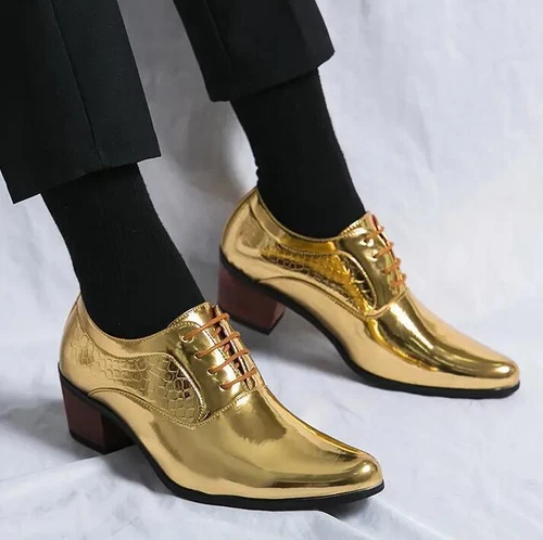 Mens Shoes Size Gold Pointed Toe High Cuban Heels Lace Up Patent Leather Wedding - Picture 5 of 13