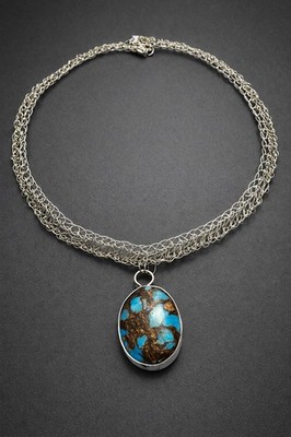 USA Artisan Made Silver Necklace with Turquoise and Bronzite Stone 18 