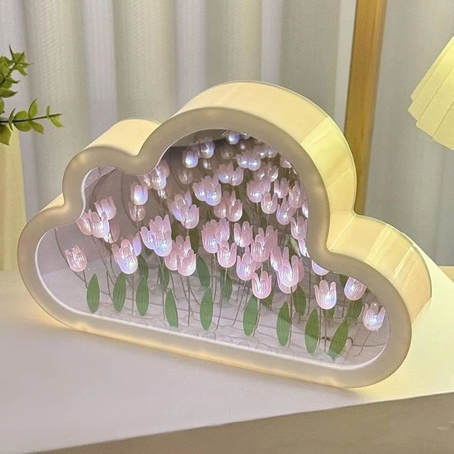 Hecho a mano hágalo usted mismo Flor de tulipán Nube Espejo LED Luz Nocturna Dormitorio Decoración Lámpara Foto 2 de 3