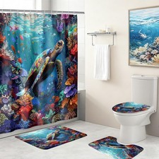 Turtle Shower Curtains for Bathroom - 4 Pcs Shower Curtain Set Ocean Shower C...