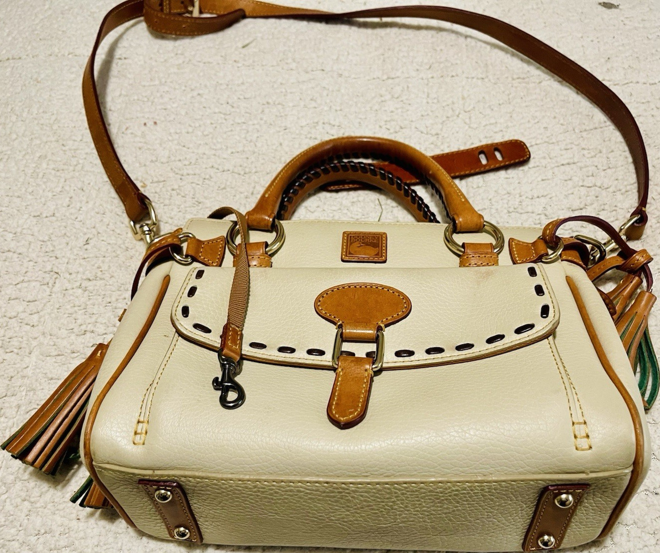 Dooney & Bourke Beige Pebbled Satchel Top Handle Bag Gold Hardware Tassel