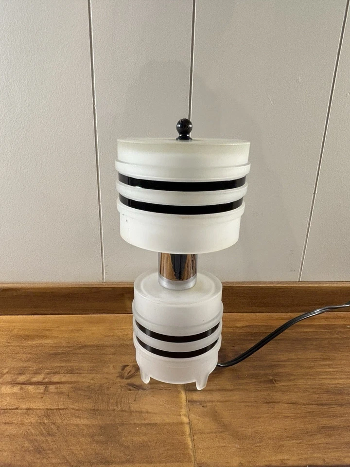 Vintage MCM Art Deco Frosted Glass With Black Bands Small Boudoir Accent Lamp - Image 2 of 4