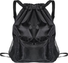 String Backpack, Sports Gym Drawstring Backpack with Water Bottle Pocket Blac...