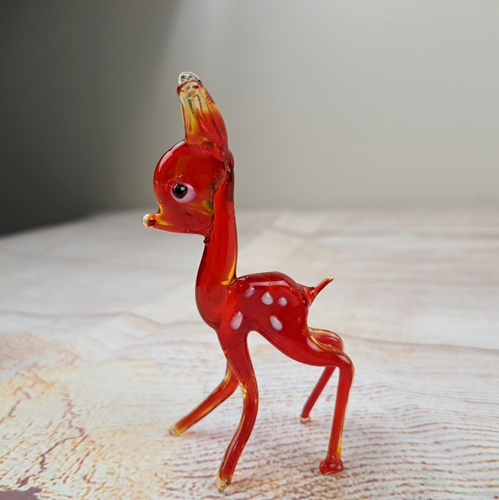 Vintage mundgeblasene Glasfigur Hirsch gefleckt Rehkitz rot Bambi 70er Jahre Kunstfigur