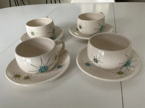 Set Of Four Franciscan Ware Atomic Starburst Cups & Saucers USA MCM
