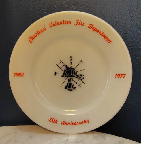Vintage PYREX COMMEMORATIVE PLATE-CHARLEROI VOLUNTEER FIREMEN-1977-EXC.