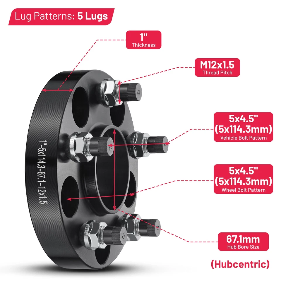 4PCS 1" Hubcentric 5x4.5 5x114.3 Wheel Spacers 12x1.5 Fits Jeep Compass Patriot - Image 2 of 4