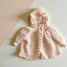 Vintage 80s Baby Pink Popcorn Knit Hooded Coat Sweater 12M Israel