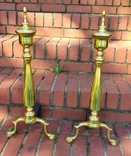 Pair Of Antique Brass Fireplace Andirons With Decorative Finials & Claw Feet