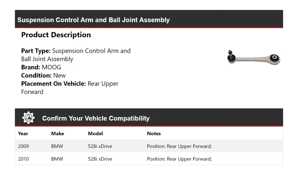 Brazo de control trasero superior delantero MOOG para BMW 528i xDrive 2009-2010 Foto 2 de 4