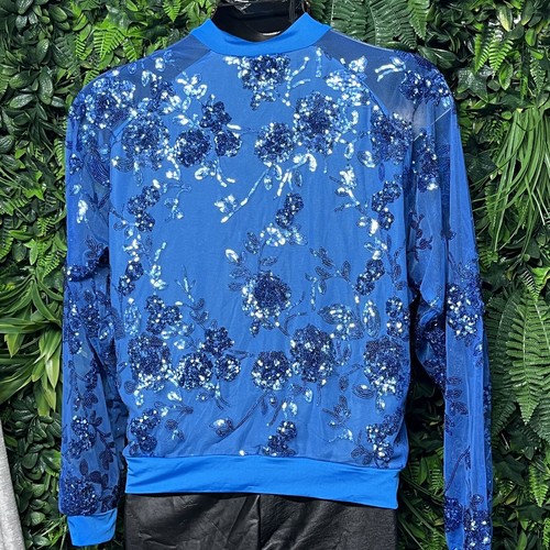 ASHLEY STEWART Jacket Women 22/24 Blue All Over Sequin Sheer Lined Bomber 2586 - Picture 6 of 6