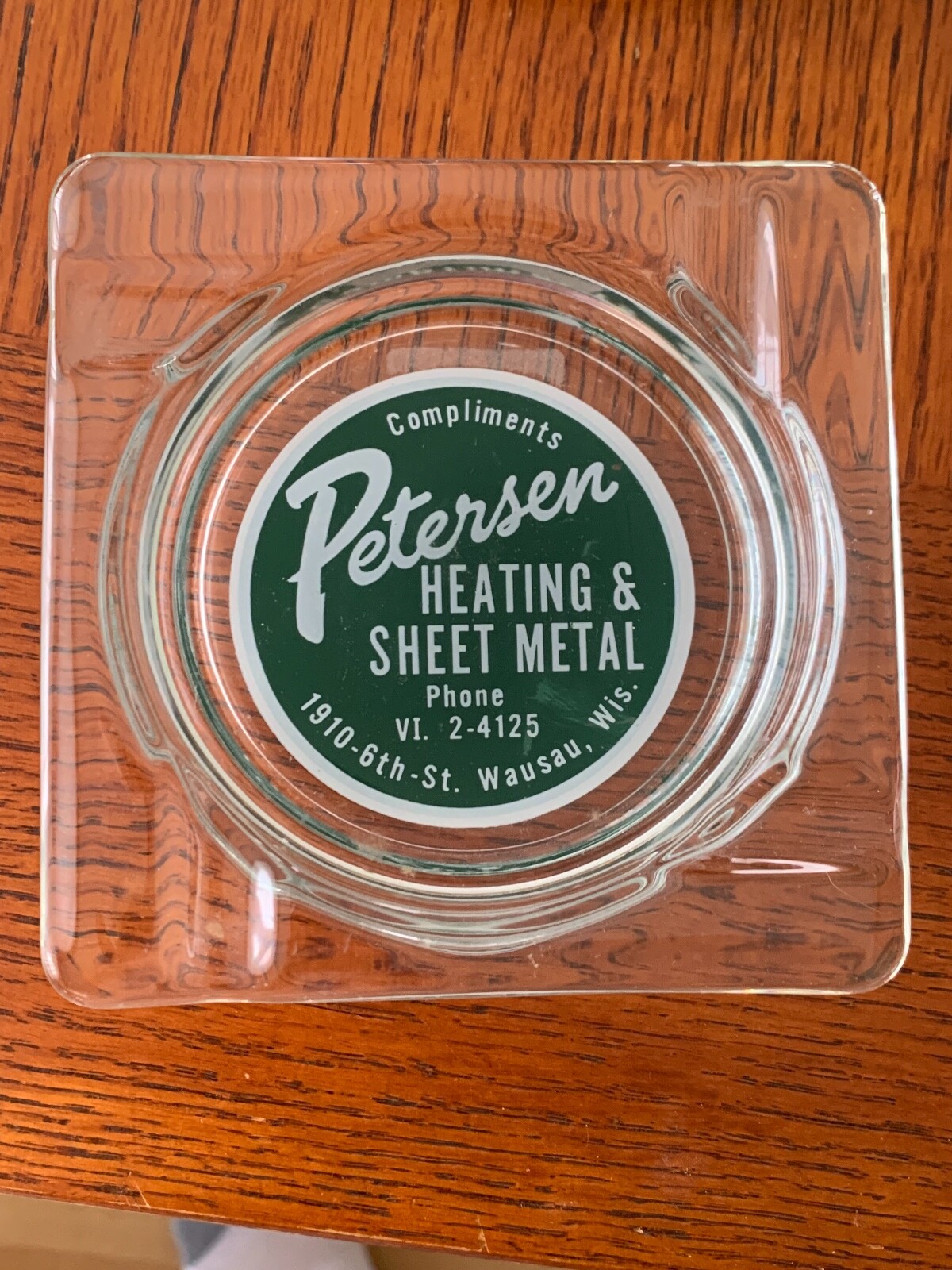 NOS New Glass Advertising Ashtray Ash Tray Petersen Heating & Sheet Metal Wi.