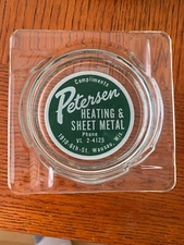 NOS New Glass Advertising Ashtray Ash Tray Petersen Heating & Sheet Metal Wi.