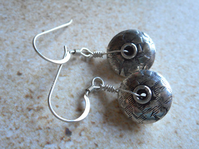 Sterling Silver Oxidized Carved Etched Pattern Wheel Bead Dangle Earrings   1255