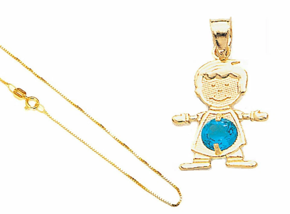 14K Yellow Gold All Months Birthstone Boy Pendant 18" Gold Box Chain