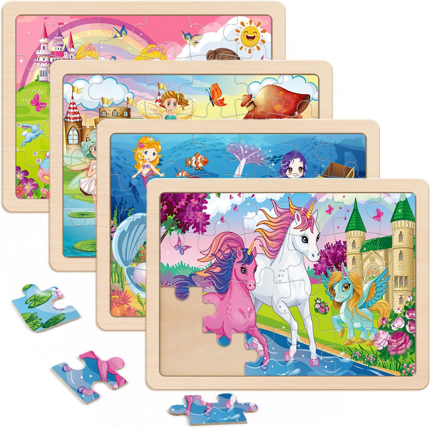 Wooden Puzzle Set for Kids – 4 Puzzles with Unicorn, Mermaid & Fairy Themes