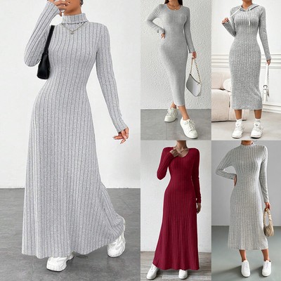 Damen Langarm Strickkleid Bodycon Midikleid Pulloverkleid Herbst Freizeitkleid