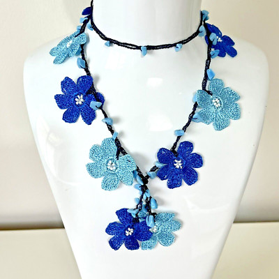 Blue Short Flower Crochet Pendant, Boho Hairpiece, Turkish Bracelet, Oya Necklac