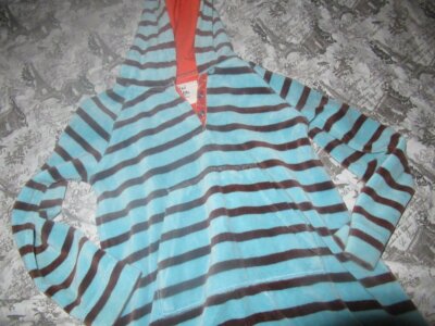 euc Mini Boden teal brown stripe hooded velour dress girl's 3-4 y free ship US