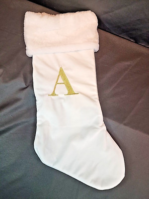 Christmas Stocking Monogram Initial A White Gold Metallic A Faux Fur Cuff 18 in