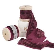 Burgundy Velvet Ribbon - 1 inch Frayed Silk Velvet Ribbons for Ornaments, Cra...