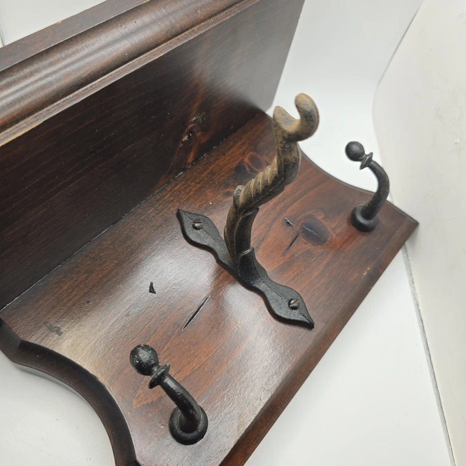 Vintage Wooden Wall Coat Hat Rack Shelf Cast Iron Hooks Foyer Hall Dark Wood - Image 1 of 4