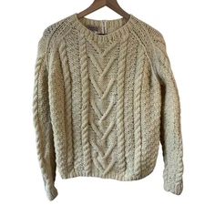 Vintage Strawbridge Clothier Womens Sweater Cream Fisherman Chunky Knit Wool