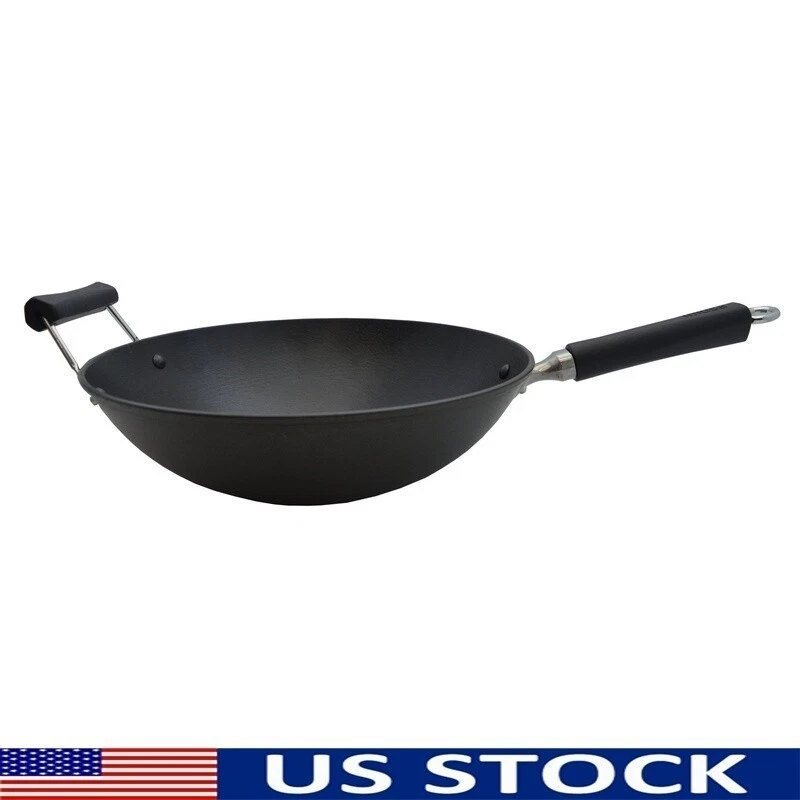 Light Cast Iron Preseasoned Wok W/ Cool Touch Handles Nonstick Cooking Surface