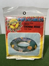 Vintage Denim Ring Inflatable Pool Water Tube Float 30” Round w/ Rope Fun N Sun