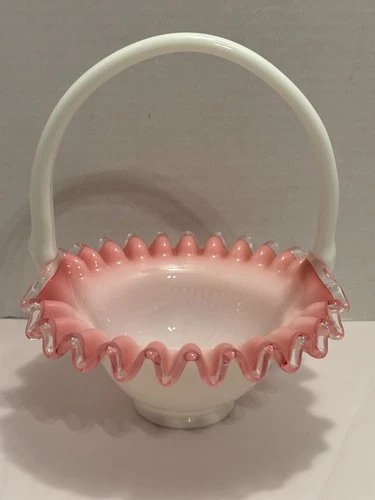 VTG Fenton Peach Crest Pink Trim Milk Glass White Handle Basket Vase 8 1/8”