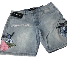 Homme + Femme Denim Embroidered Shorts Floral Humming Bird Unisex Size 32 NWT