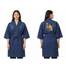 The Silk Road Asian Dragon Embroidered Kimono Robe Unisex S Navy Blue Vintage