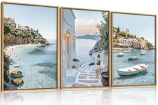 Natural Coastal Ocean Framed Canvas Wall Art Set,Modern Whitewashed Architect...