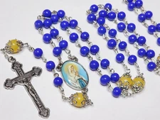 Blessed Mother Catholic Rosary Blue Glass & Yellow Stone Beads Color Photo
