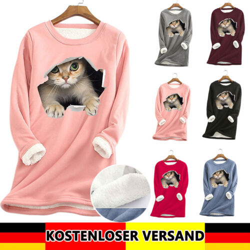 Sale Damen Katze Print Rundhals Plüsch Sweatshirt Warm Pullover Langarm Tops Hot
