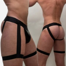 Jockmail Sexy Men's Gay Pouch Brief Jockstrap Underwear Suspenders Leg Lingerie