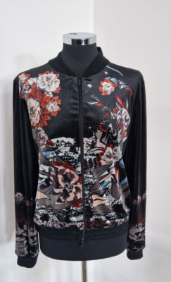 Save The Queen Bomberjacke Blumen Gr. L rot schwarz Reißverschluss mehrfarbig Velour